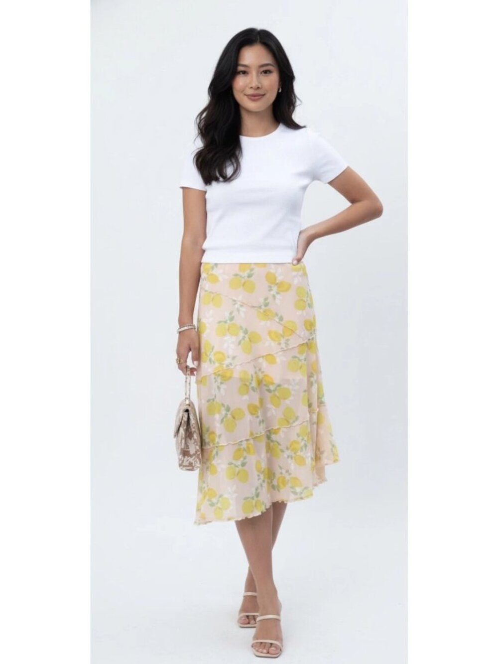 See You Monday Yellow Lemon Print Midi Skirt
